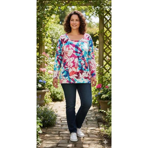 Talbots Colorful Long Sleeve Jersey Tee UPF 50 Sun Protection Womens Size Large - Picture 1 of 10